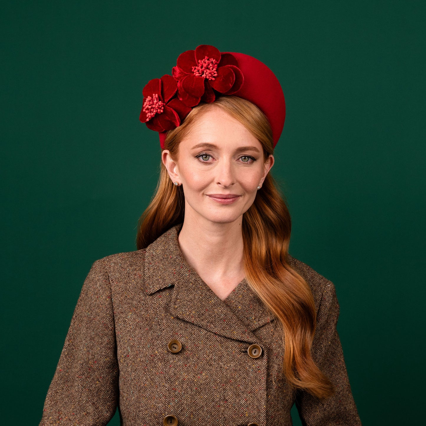 Cheyne Red Felt Halo with Velvet Flowers Winter Racewear Headpiece