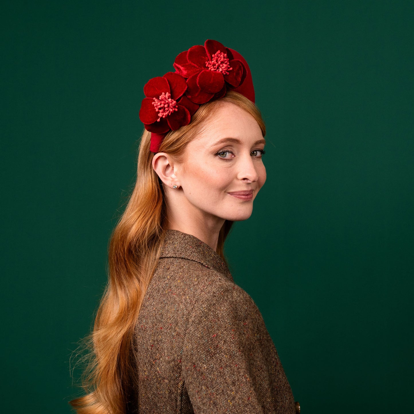 Cheyne Red Felt Halo with Velvet Flowers Winter Racewear Headpiece