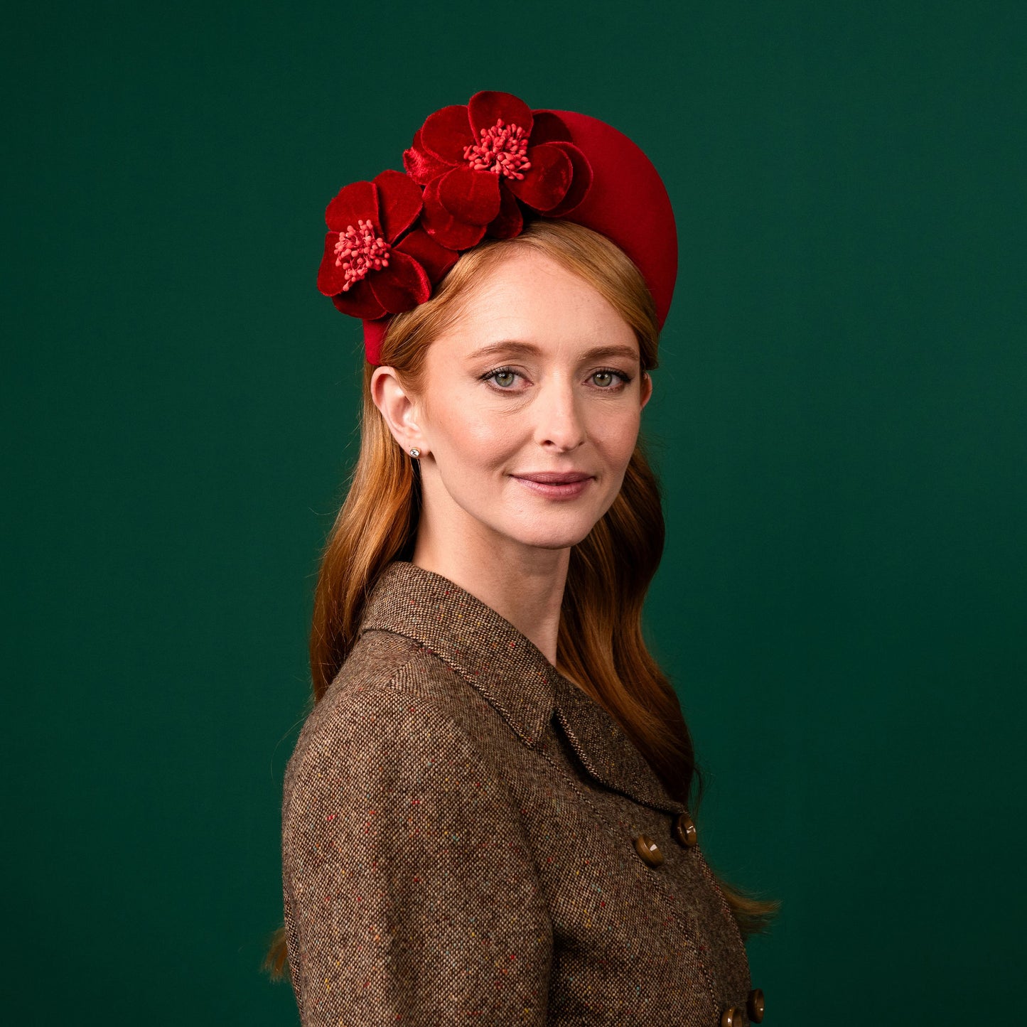 Cheyne Red Felt Halo with Velvet Flowers Winter Racewear Headpiece