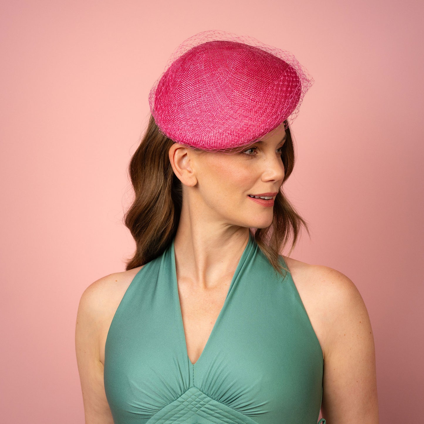 Clementine Straw Beret with veiling in pink Spring Racing Headpiece