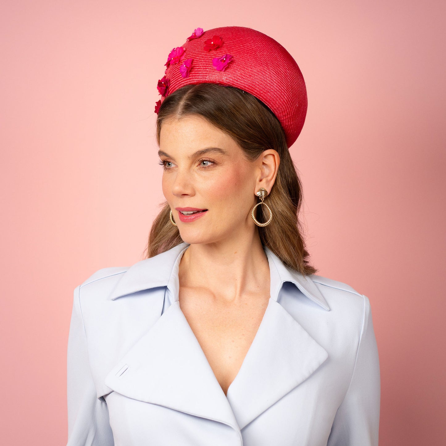 Daisy pillbox in magenta pink straw and flowers Spring Racing Headpiece