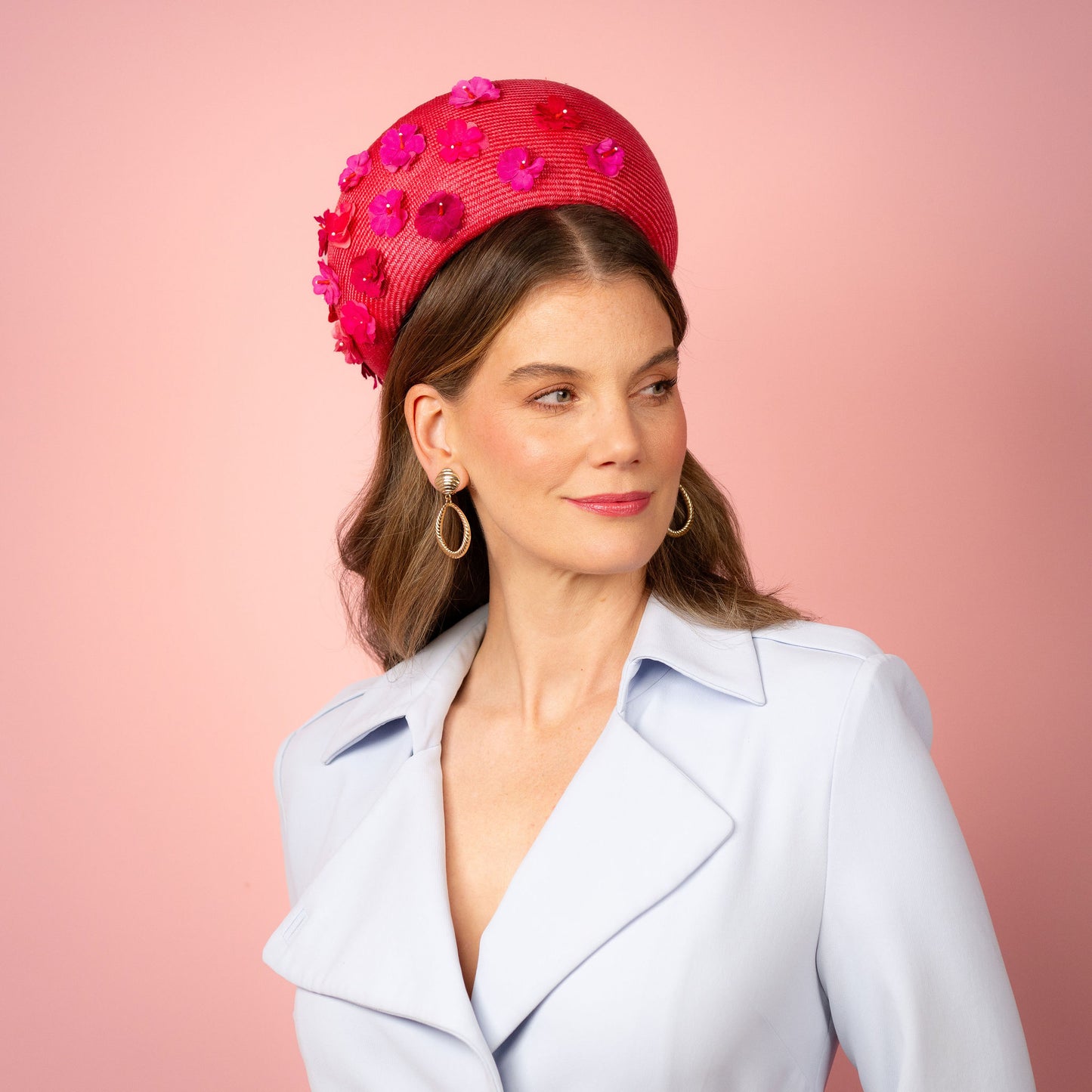 Daisy pillbox in magenta pink straw and flowers Spring Racing Headpiece