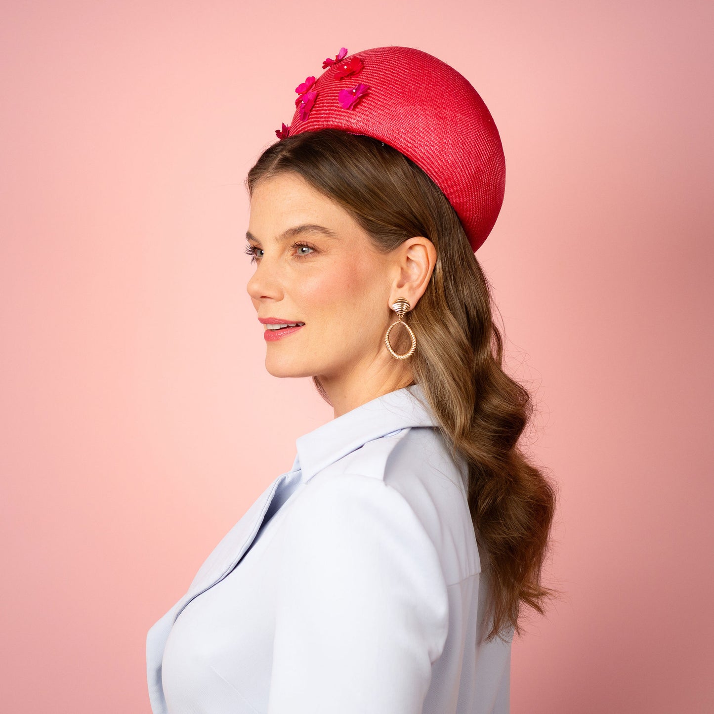 Daisy pillbox in magenta pink straw and flowers Spring Racing Headpiece