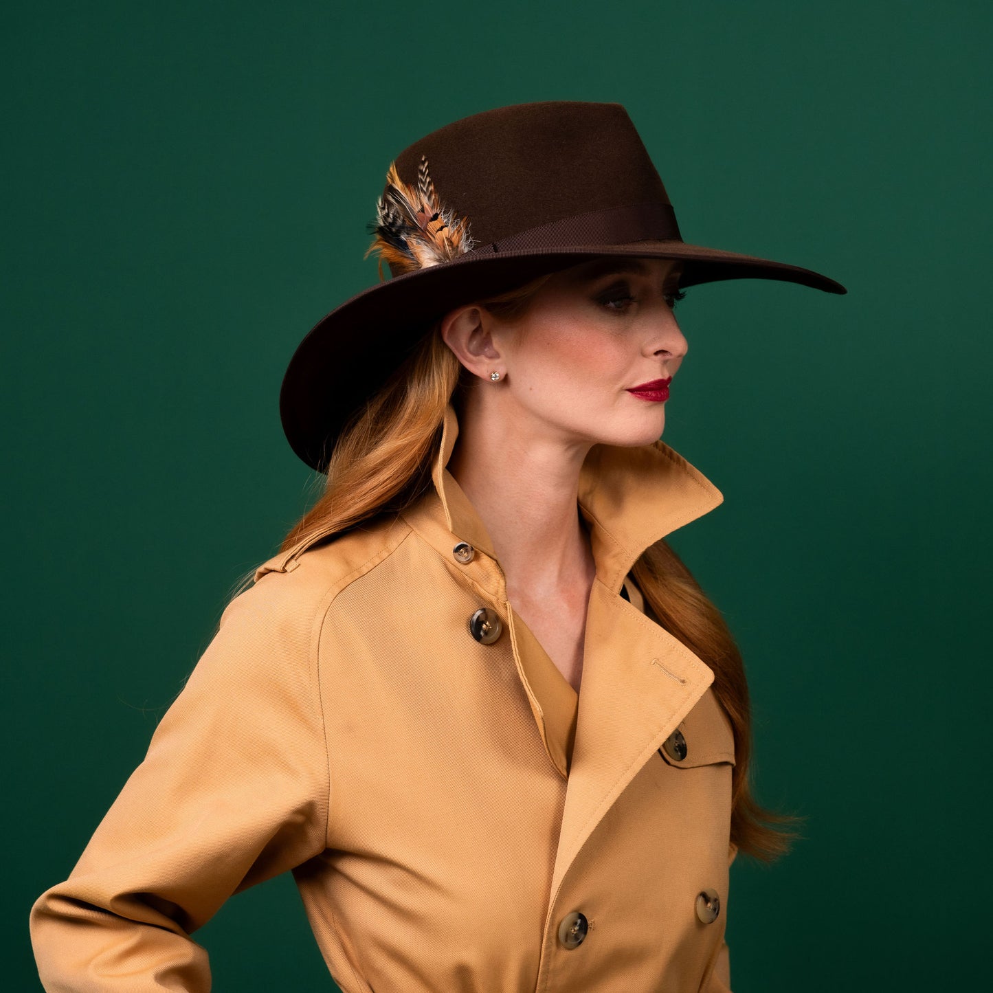 Dell Brown Felt Fedora Hat with feather trim Winter Racewear Hat