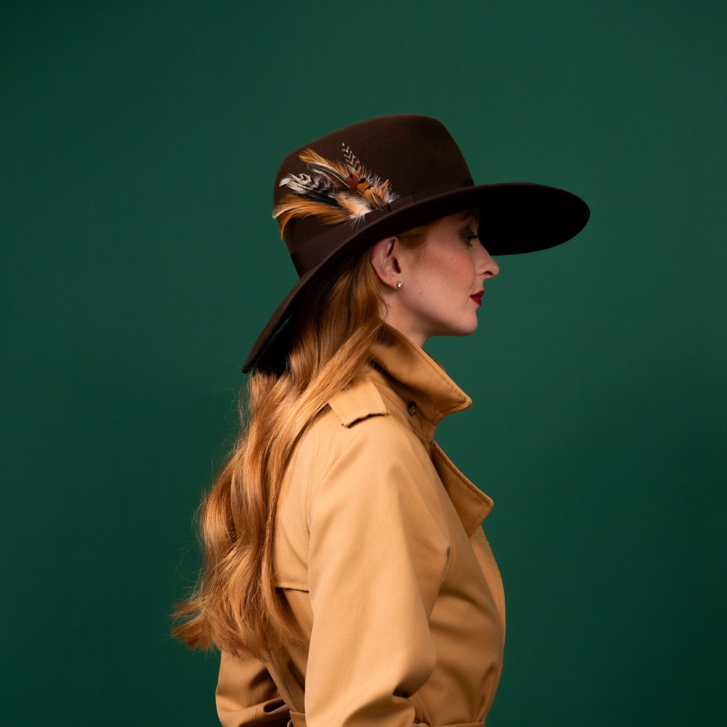 Dell Brown Felt Fedora Hat with feather trim Winter Racewear Hat