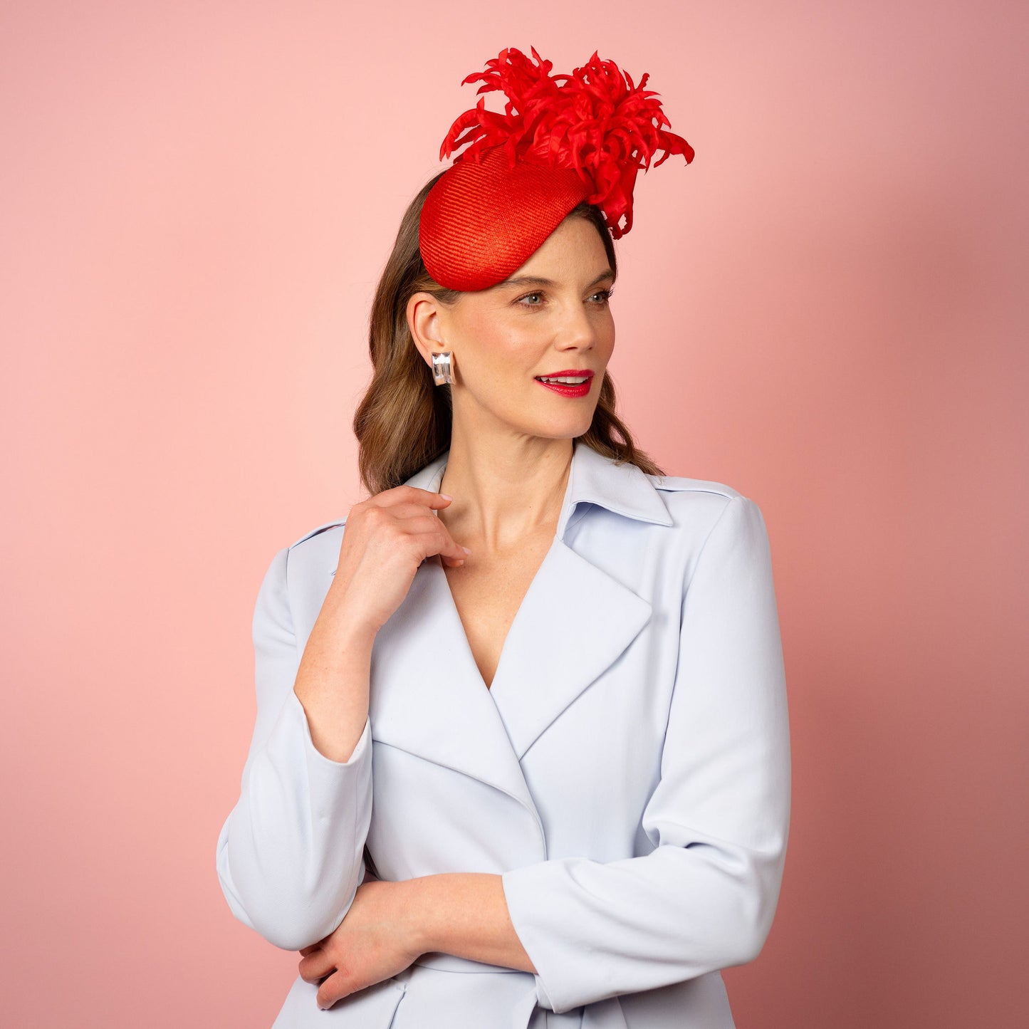 Delphie straw beret with silk flowers in red Spring Racing Headpiece