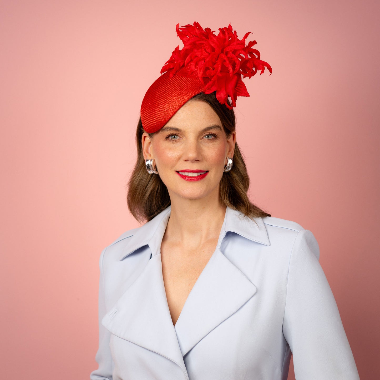 Delphie straw beret with silk flowers in red Spring Racing Headpiece