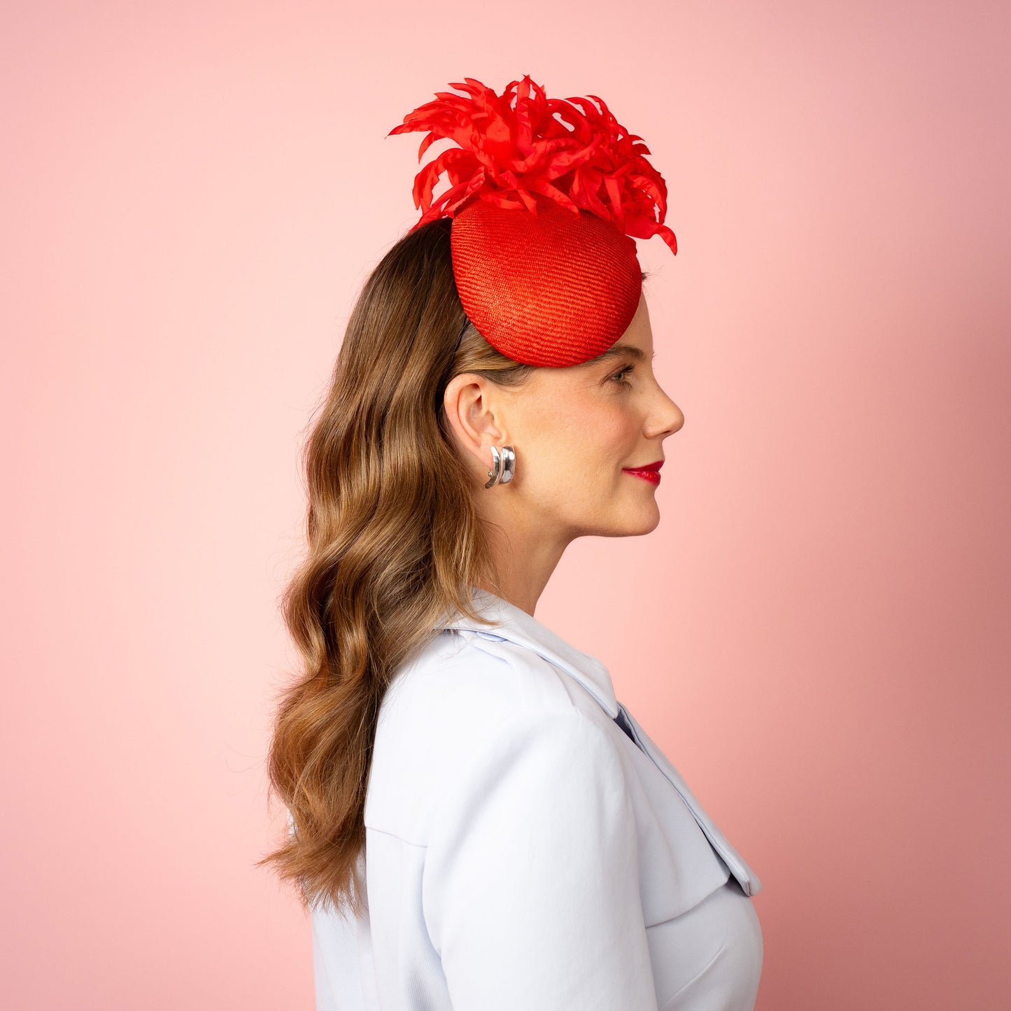 Delphie straw beret with silk flowers in red Spring Racing Headpiece