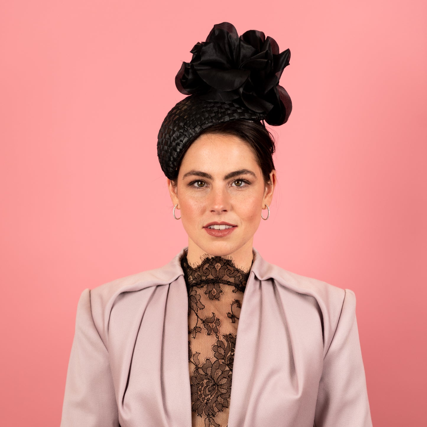 Eleanor Beret with Textured Vintage Cloth with Silk Poppies in Black