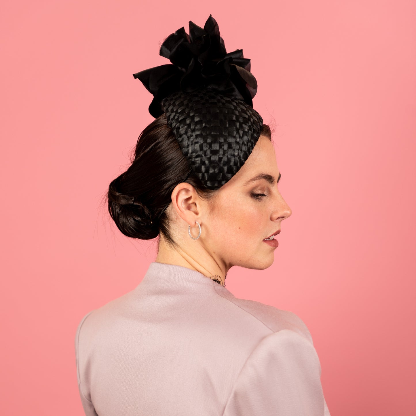 Eleanor Beret with Textured Vintage Cloth with Silk Poppies in Black