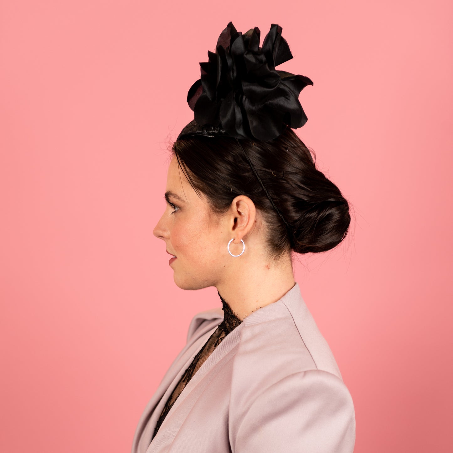 Eleanor Beret with Textured Vintage Cloth with Silk Poppies in Black
