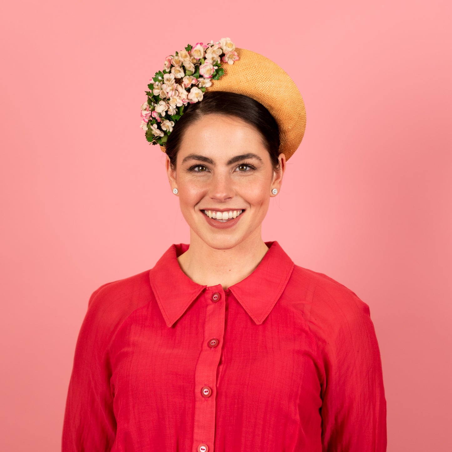 Emma Halo in gold straw with pink floral trim