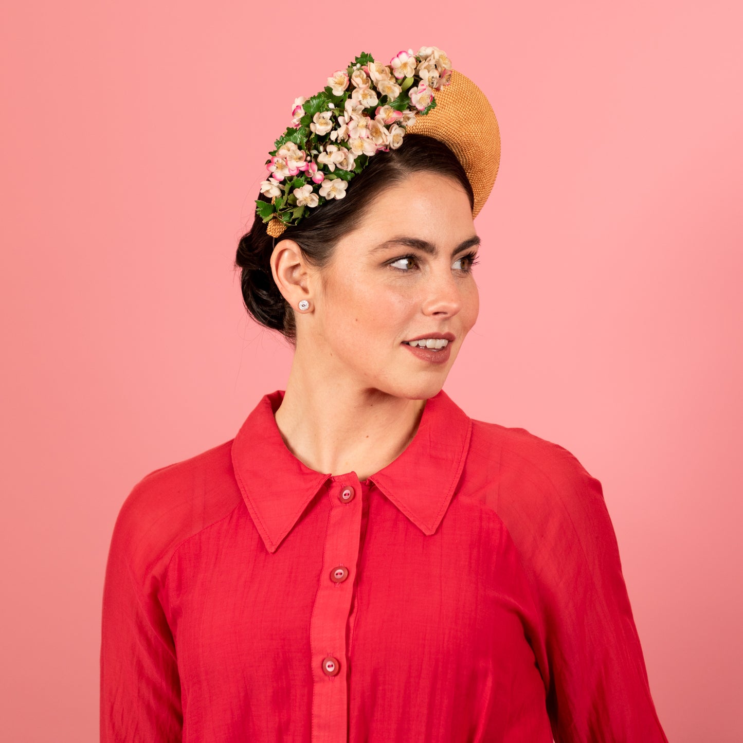 Emma Halo in gold straw with pink floral trim