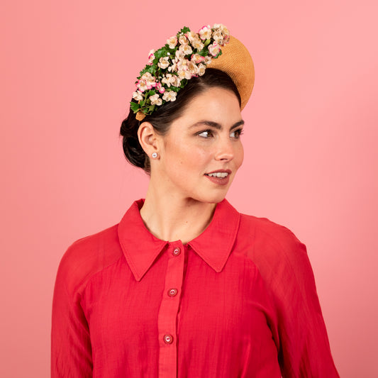 Emma Halo in gold straw with pink floral trim