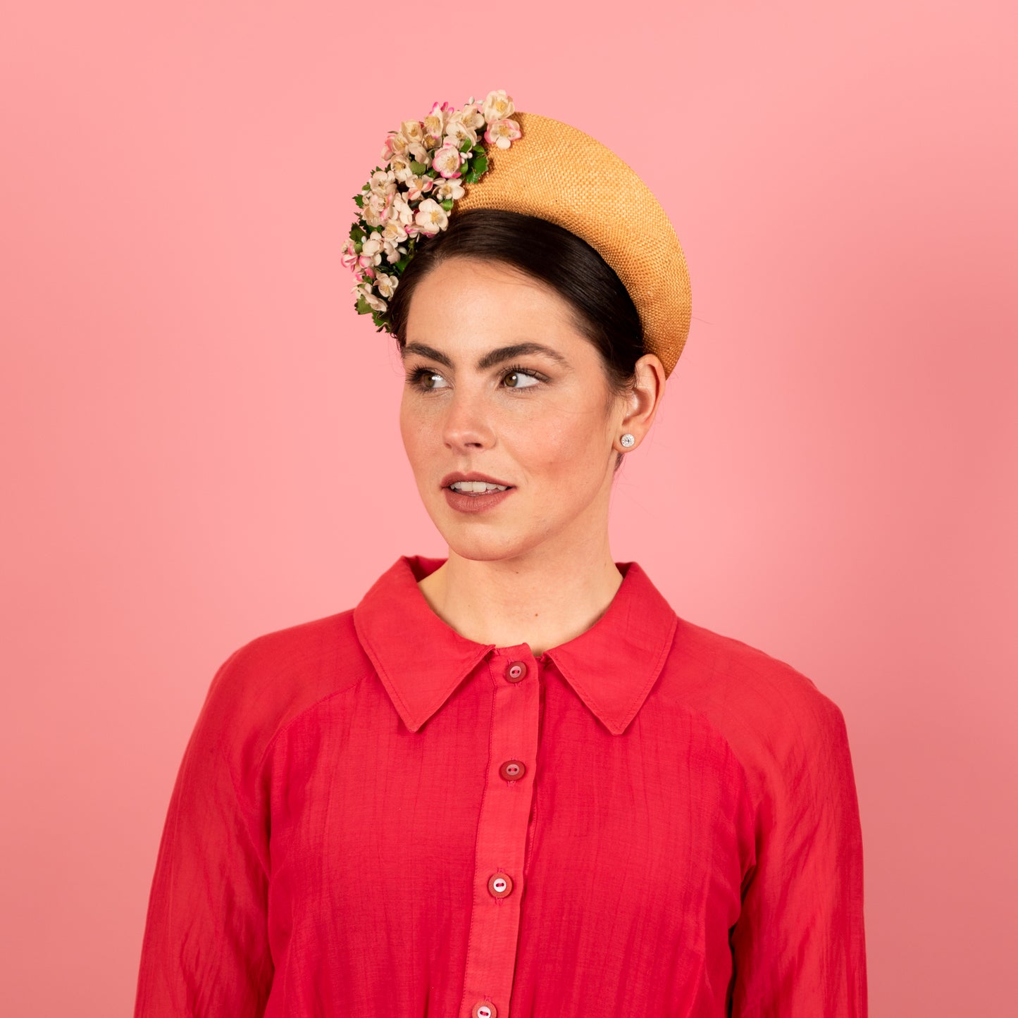 Emma Halo in gold straw with pink floral trim
