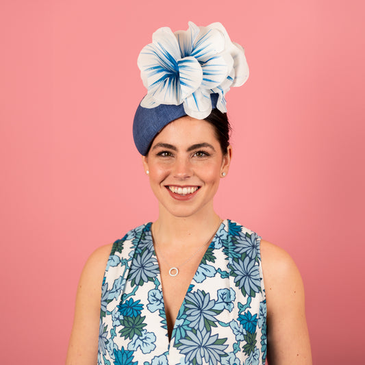 Eleanor Beret in Straw with Silk Poppies in Blue