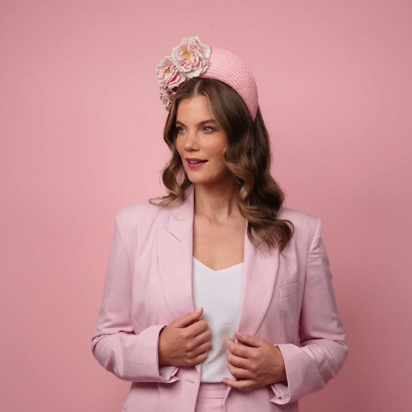 Emma straw halo with vintage flowers in pink Spring Racewear Headpiece