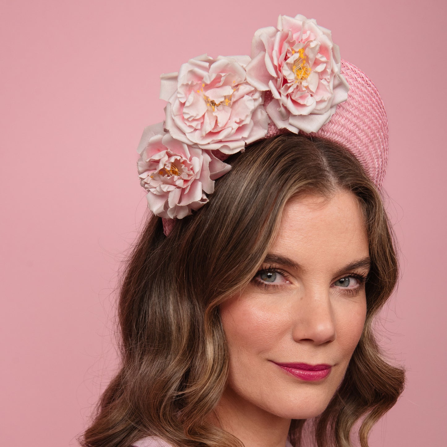 Emma straw halo with vintage flowers in pink Spring Racewear Headpiece