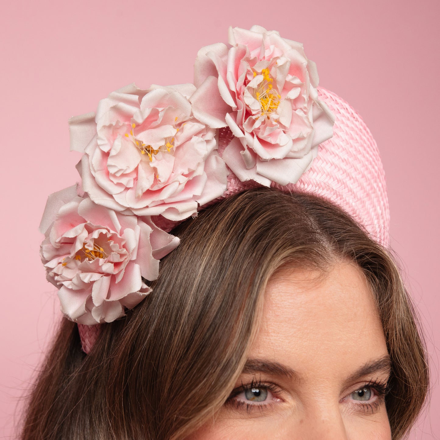 Emma straw halo with vintage flowers in pink Spring Racewear Headpiece