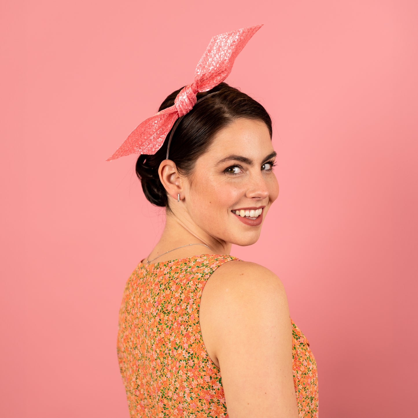 Evie Headband with Floating Straw Knot in Pink