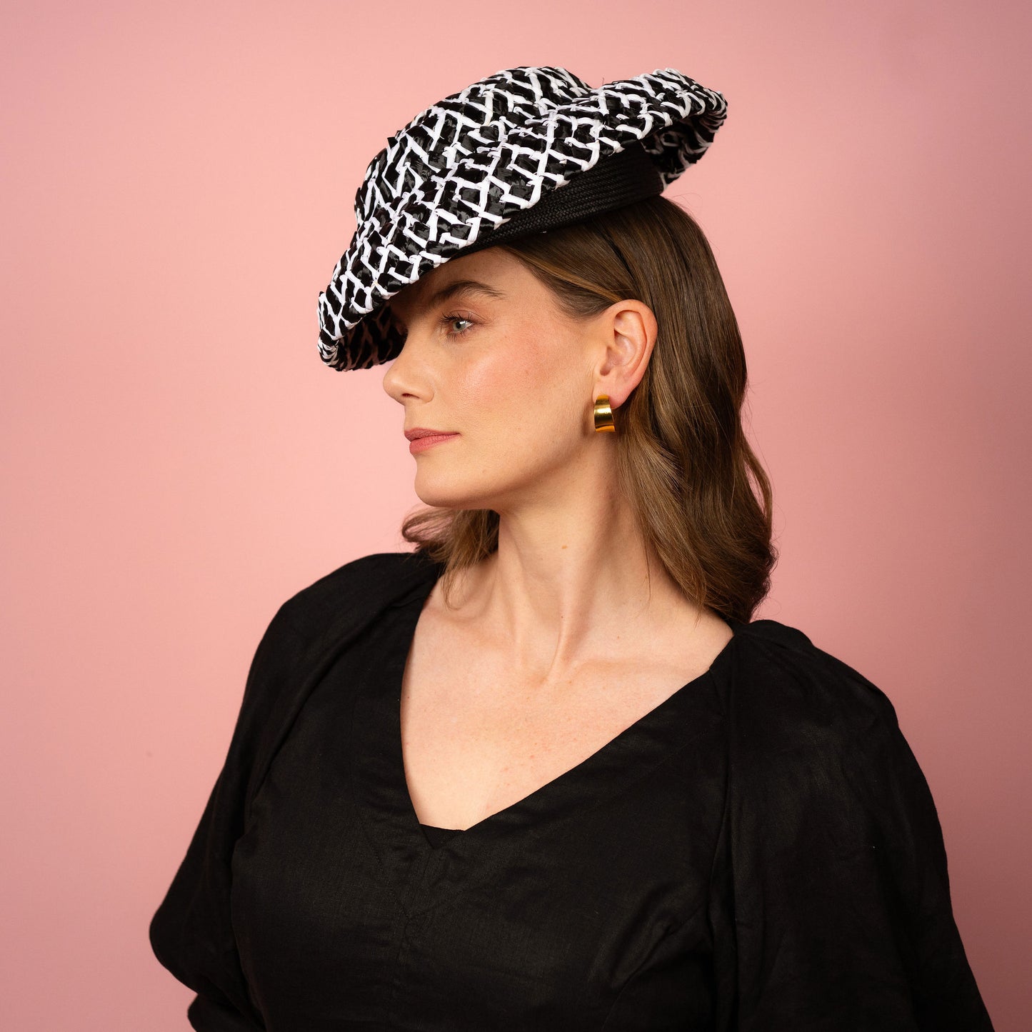 Fleur soft shaped brimmed hat in black and white straw Spring Racing Headpiece