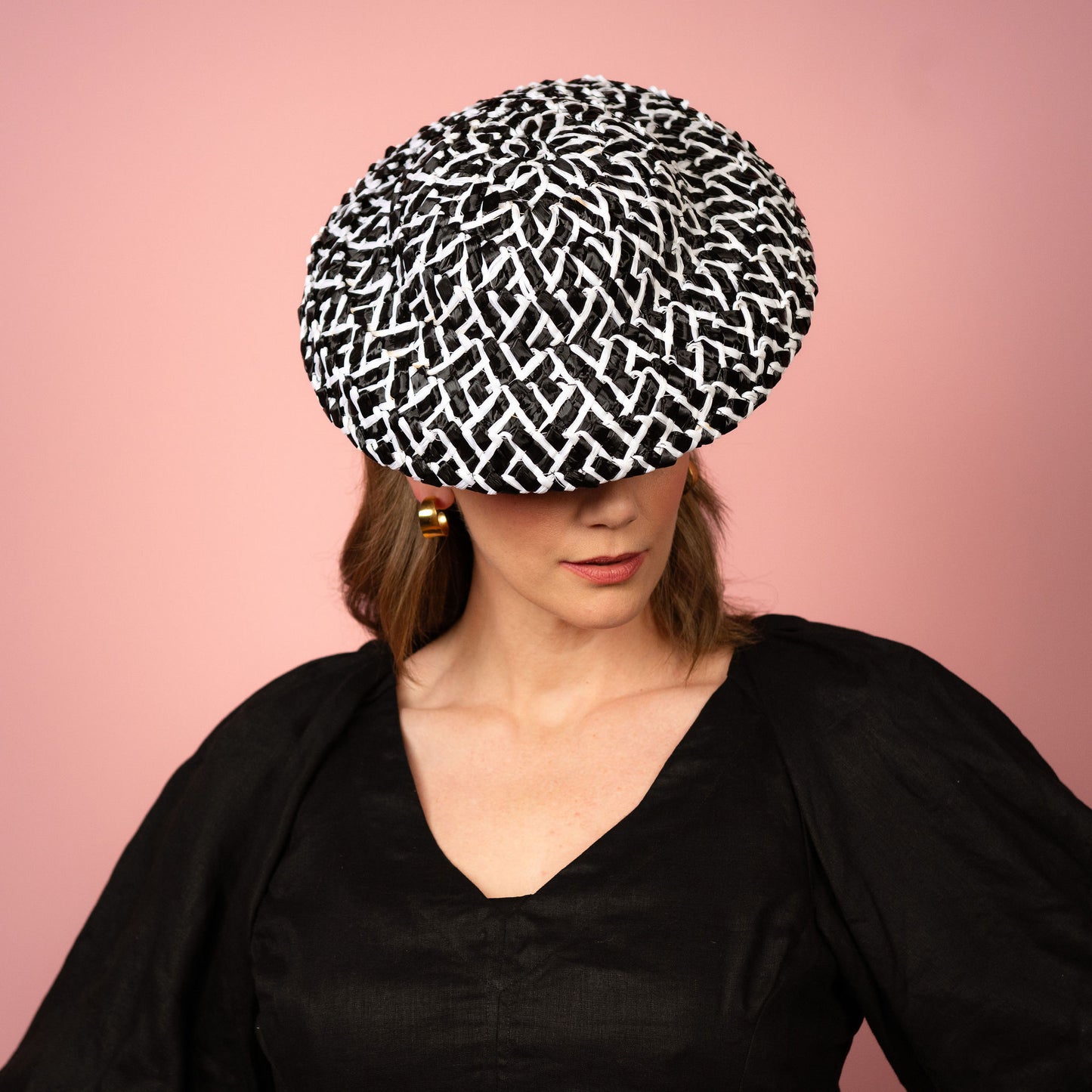 Fleur soft shaped brimmed hat in black and white straw Spring Racing Headpiece