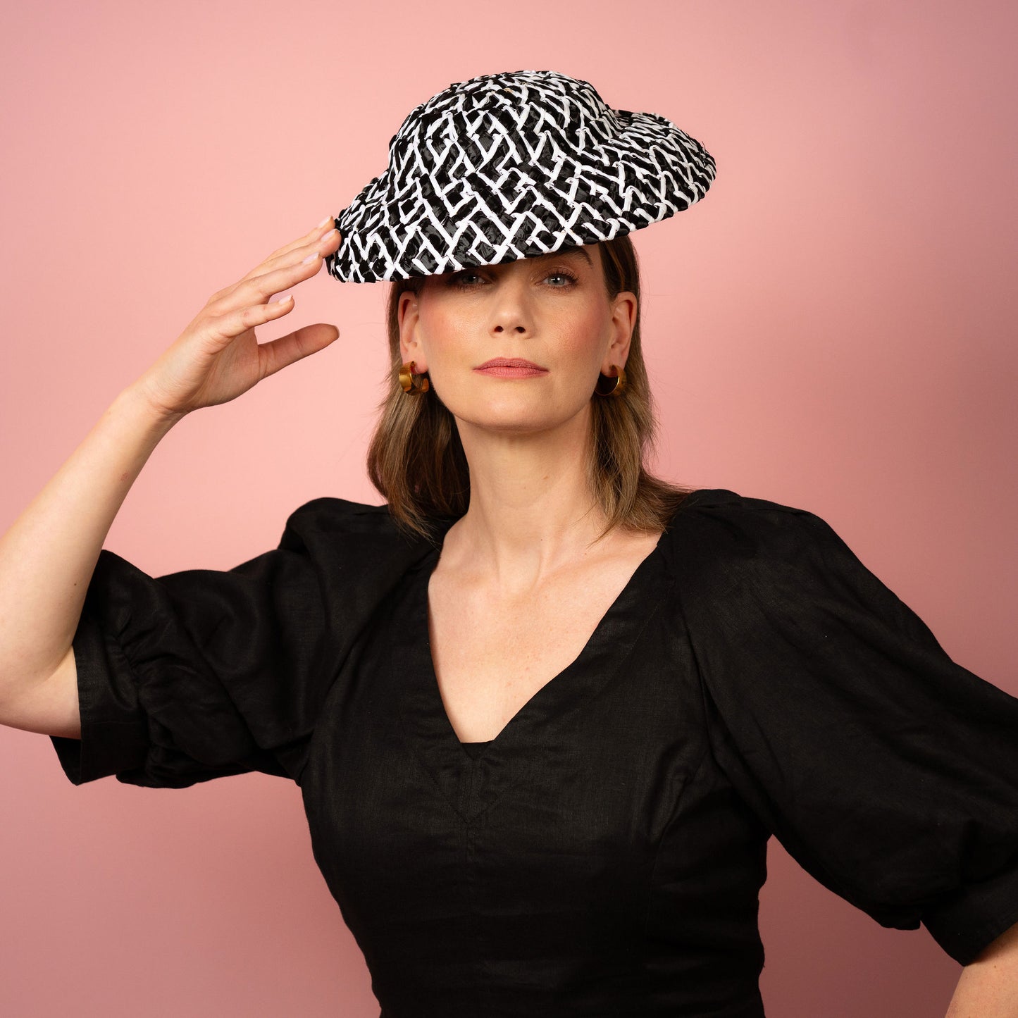 Fleur soft shaped brimmed hat in black and white straw Spring Racing Headpiece