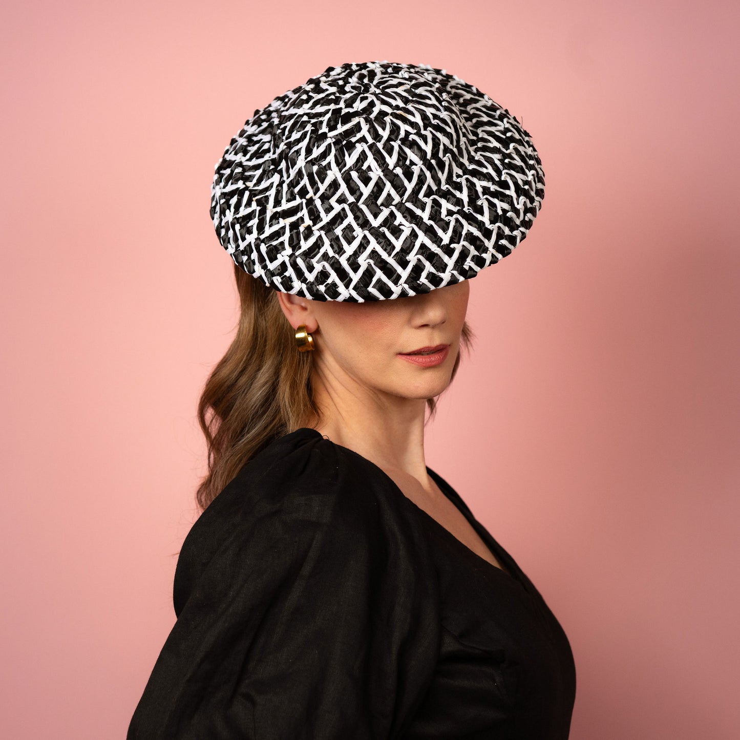 Fleur soft shaped brimmed hat in black and white straw Spring Racing Headpiece