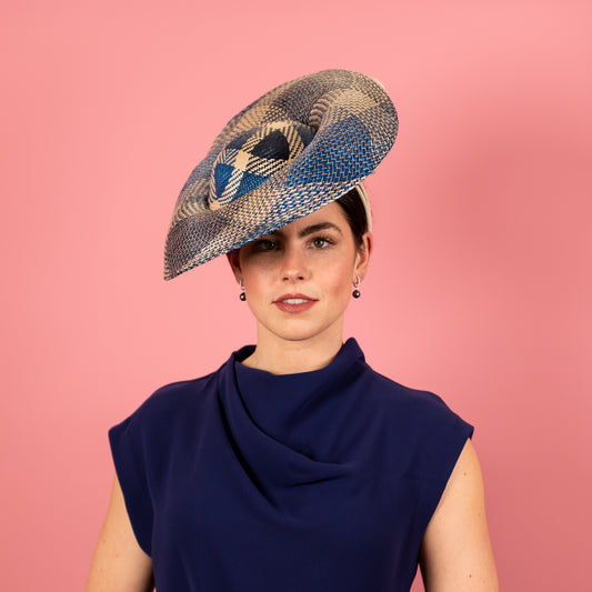 Gabriela Shaped Hat in Blue, Cream and Navy with silk poppy trim