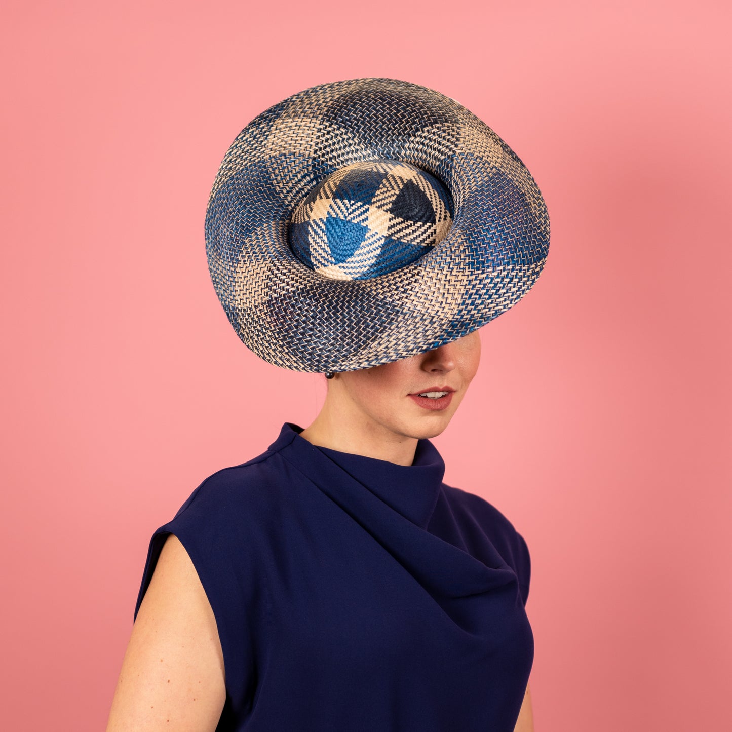 Gabriela Shaped Hat in Blue, Cream and Navy with silk poppy trim