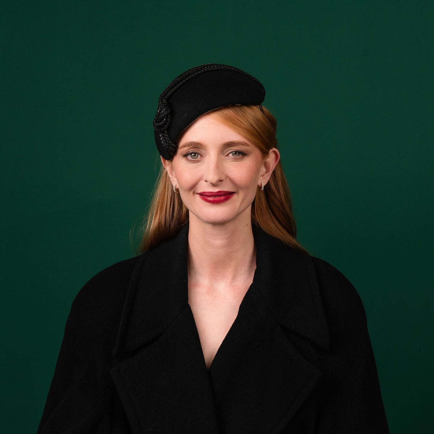 Gayle Black Felt Beret with Leather Rope Knot Trim Winter Racewear Headpiece