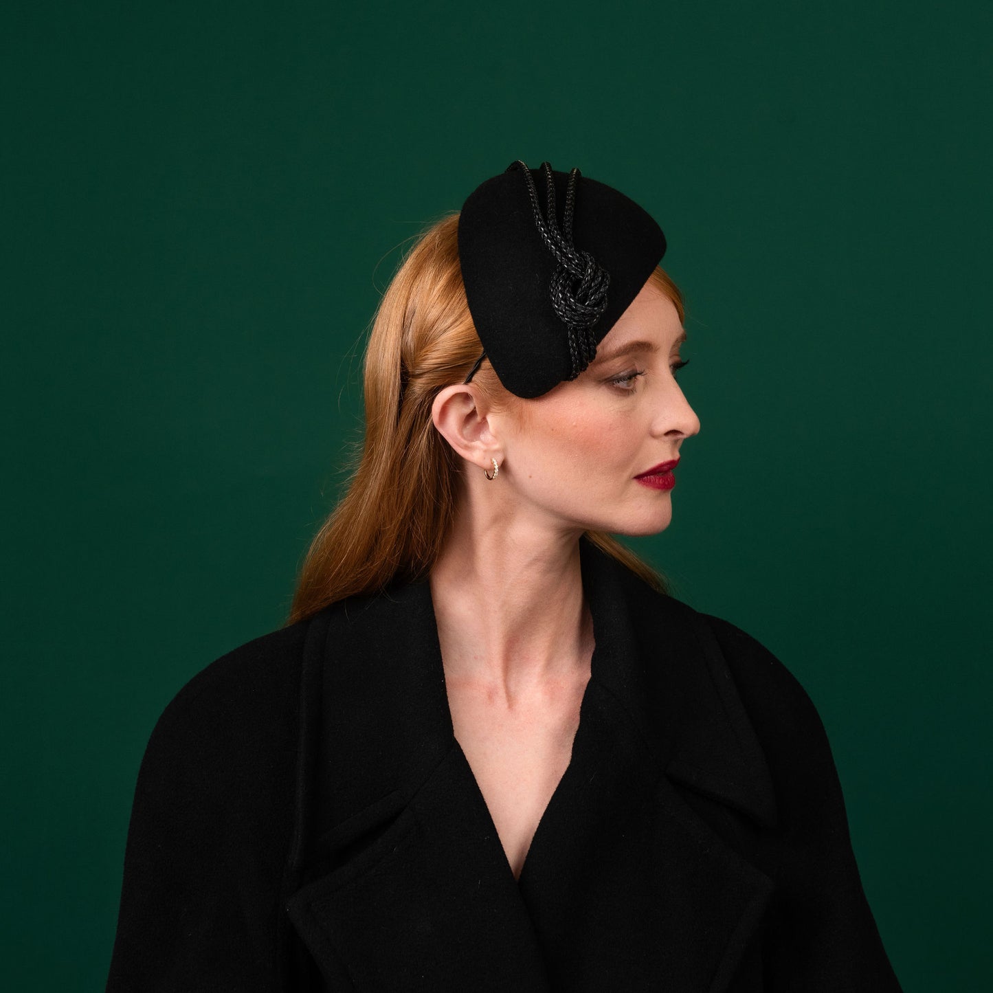 Gayle Black Felt Beret with Leather Rope Knot Trim Winter Racewear Headpiece
