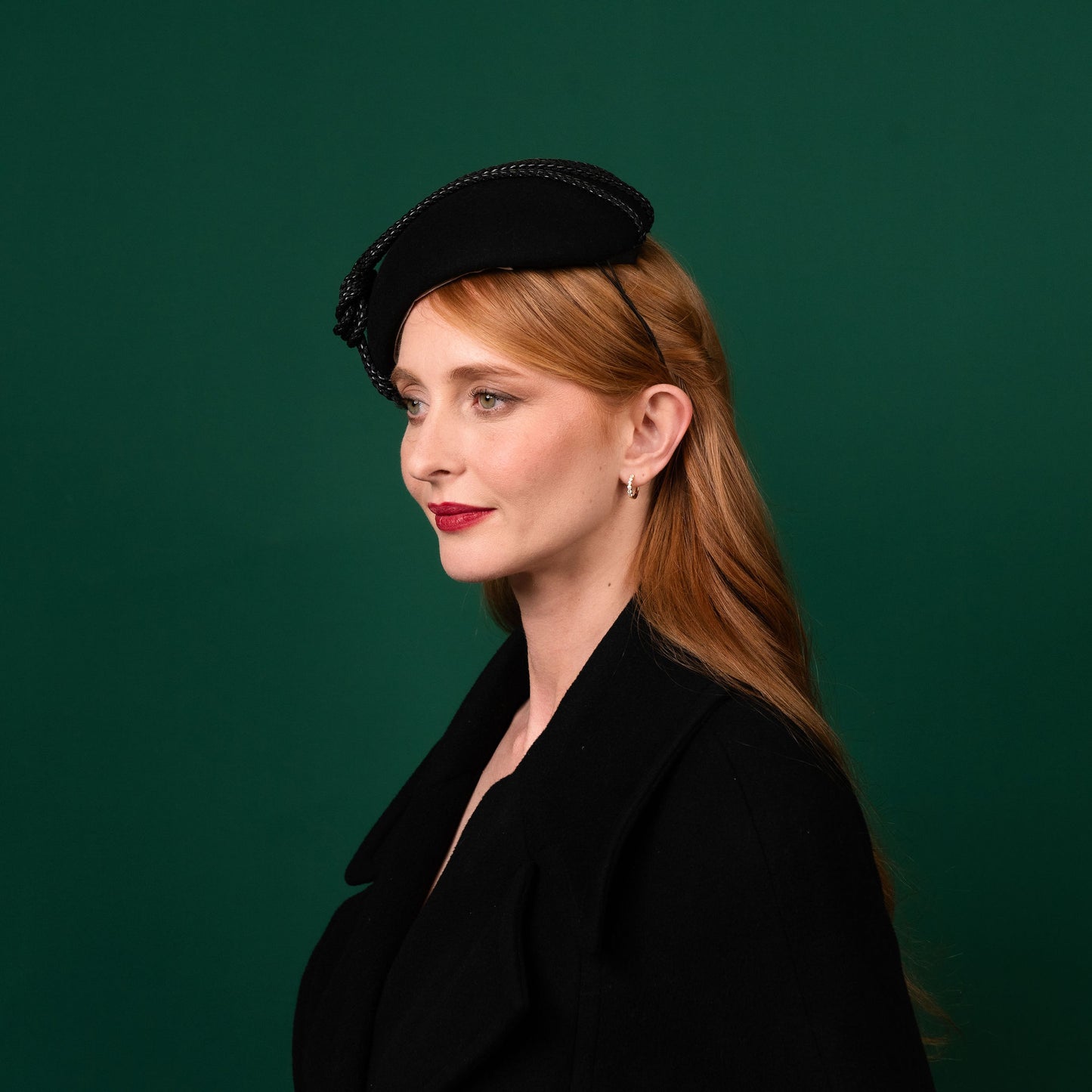 Gayle Black Felt Beret with Leather Rope Knot Trim Winter Racewear Headpiece
