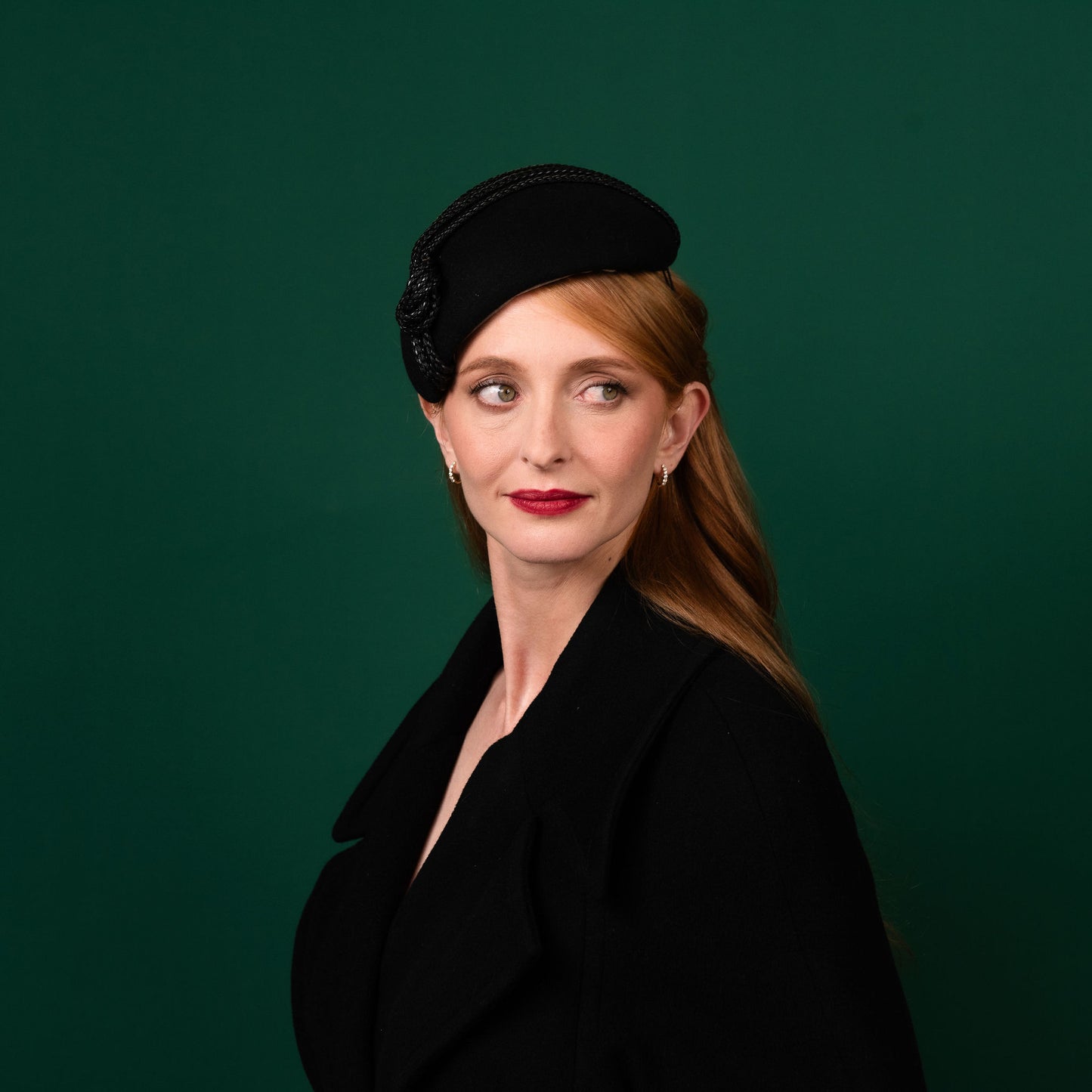 Gayle Black Felt Beret with Leather Rope Knot Trim Winter Racewear Headpiece