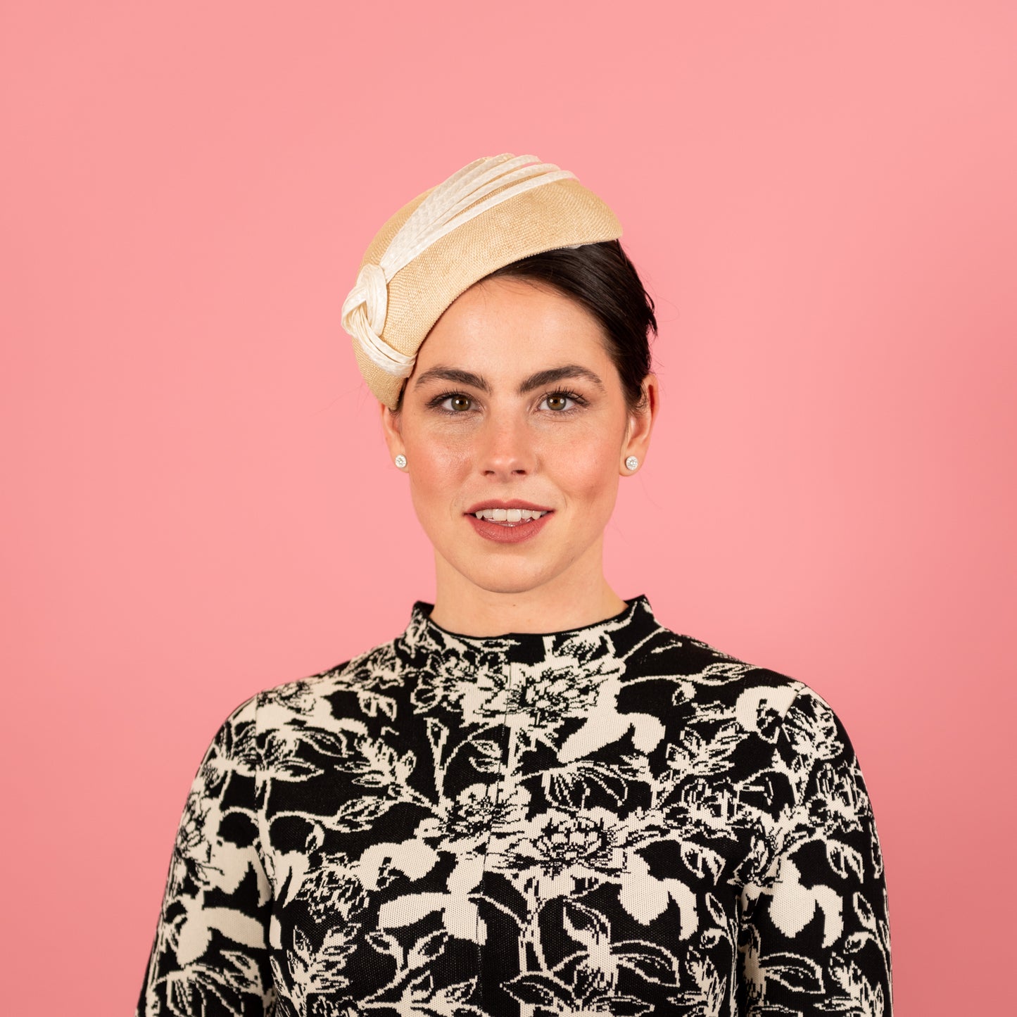 Gayle Beret with knotted straw braid trim in cream