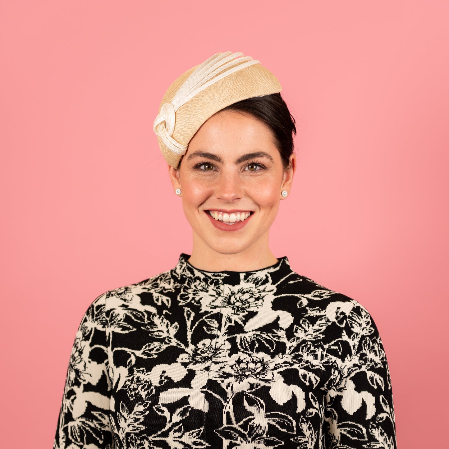 Gayle Beret with knotted straw braid trim in cream