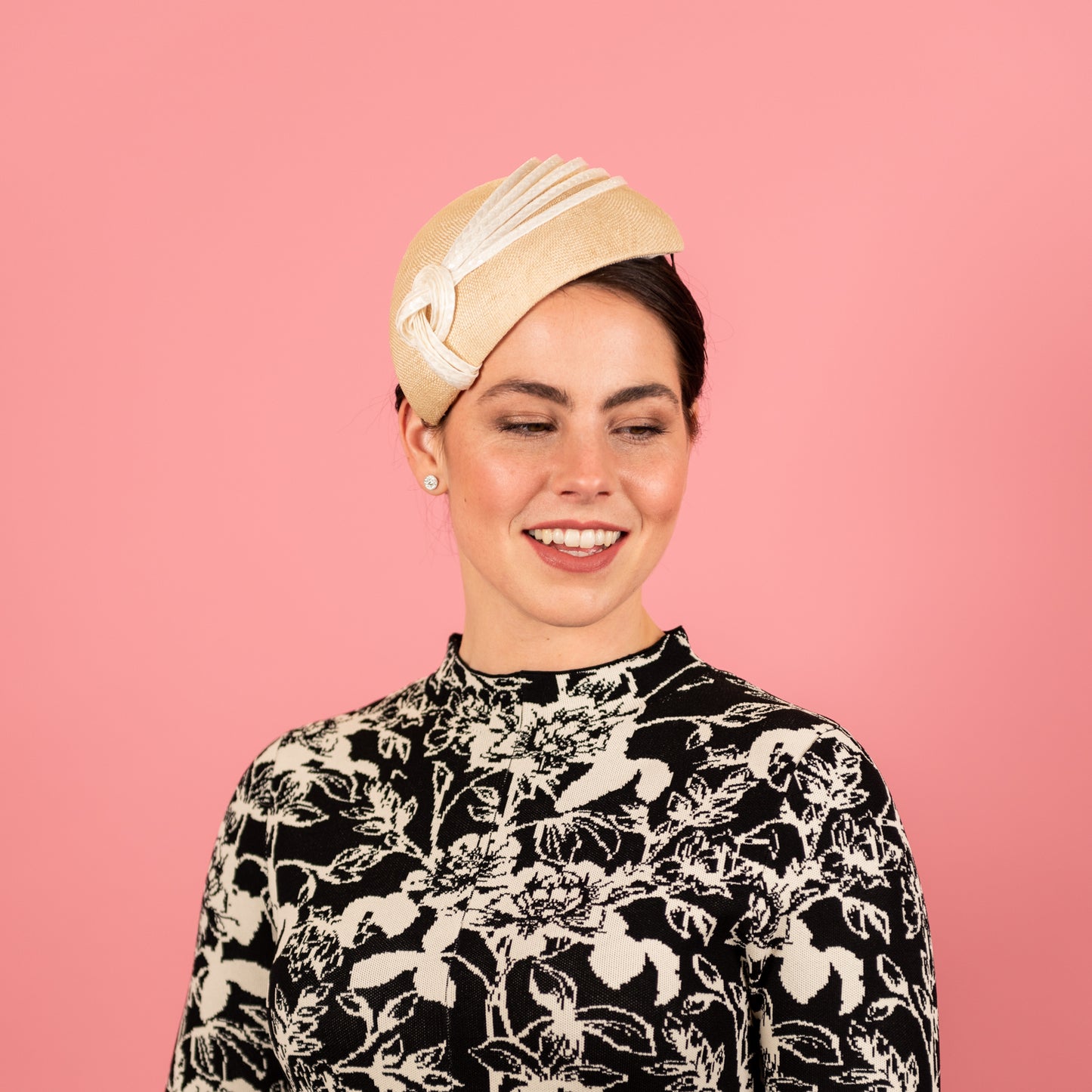 Gayle Beret with knotted straw braid trim in cream