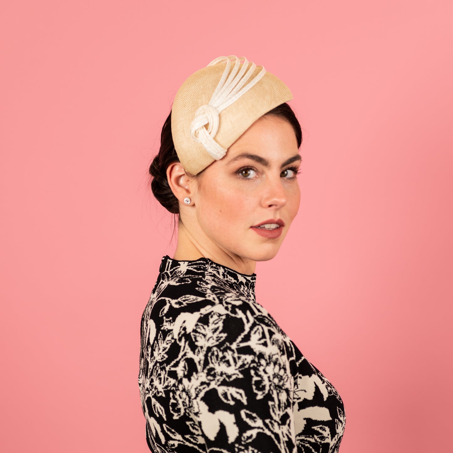 Gayle Beret with knotted straw braid trim in cream