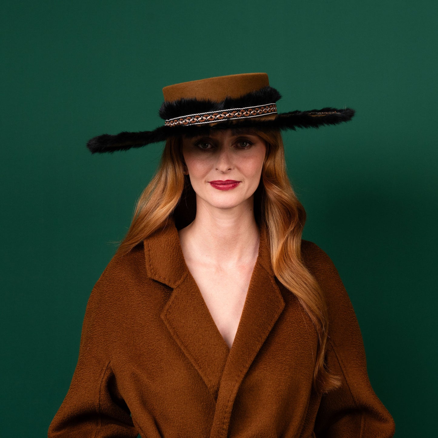 Glanford Caramel Felt Boater Hat with fluffy trim Winter Racewear Hat