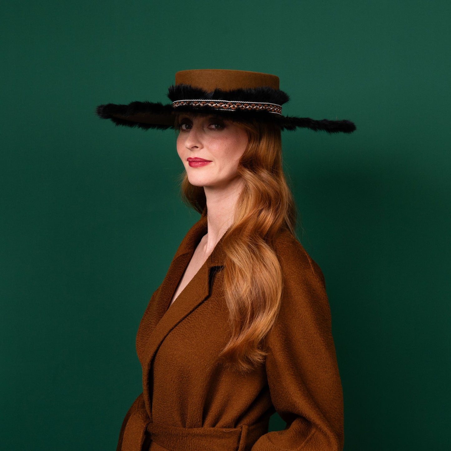 Glanford Caramel Felt Boater Hat with fluffy trim Winter Racewear Hat