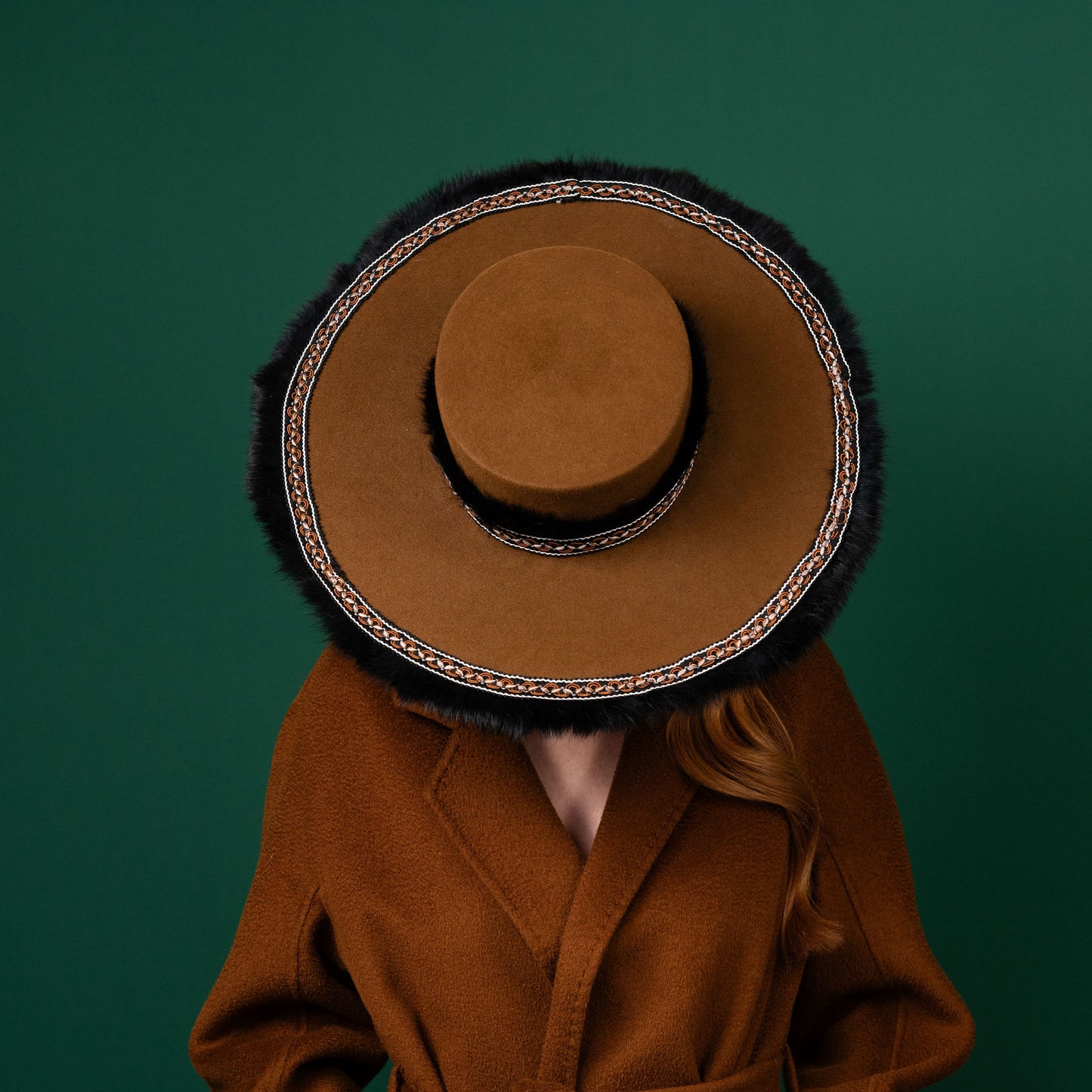 Glanford Caramel Felt Boater Hat with fluffy trim Winter Racewear Hat