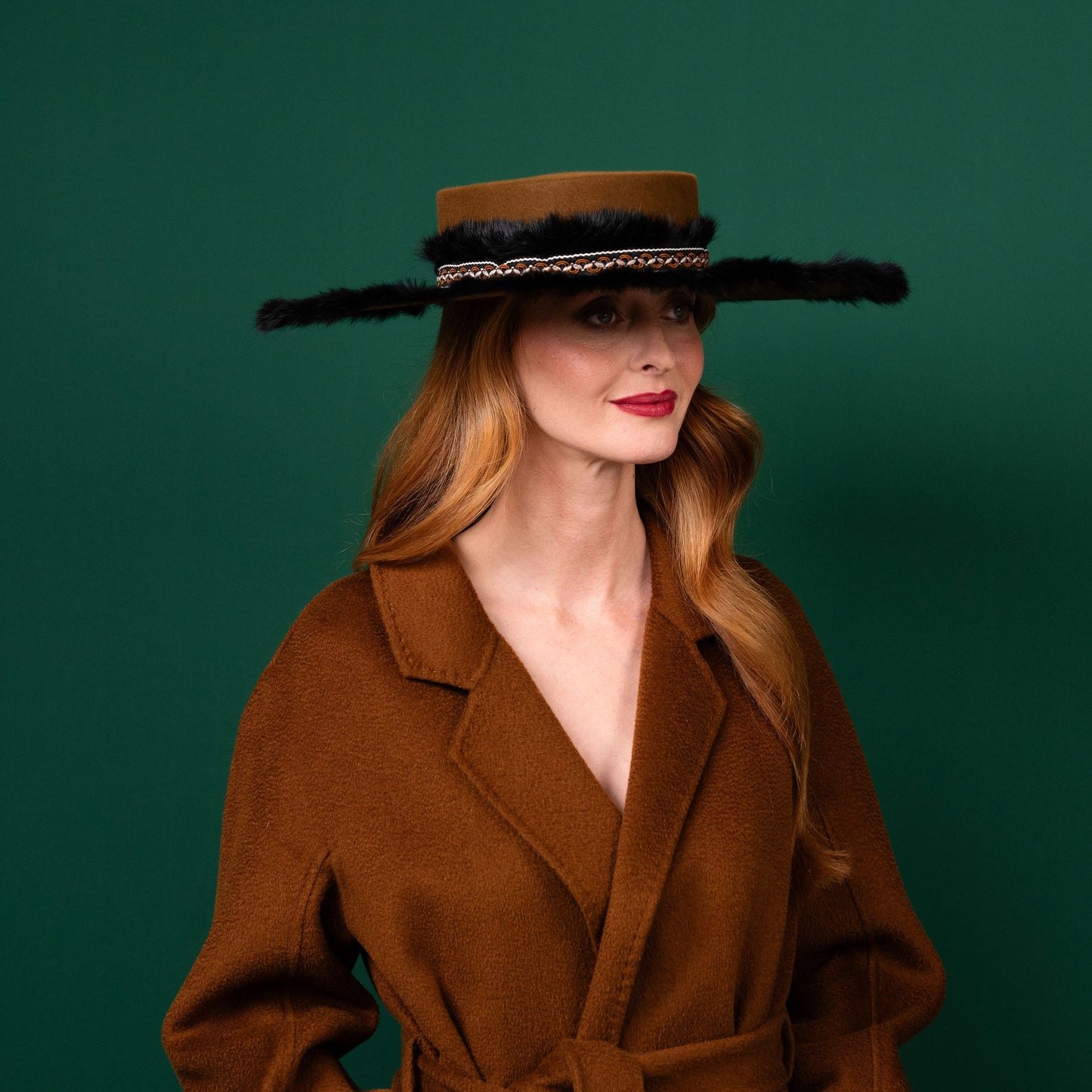 Glanford Caramel Felt Boater Hat with fluffy trim Winter Racewear Hat