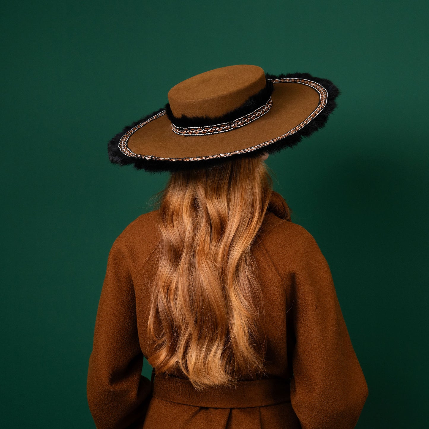 Glanford Caramel Felt Boater Hat with fluffy trim Winter Racewear Hat
