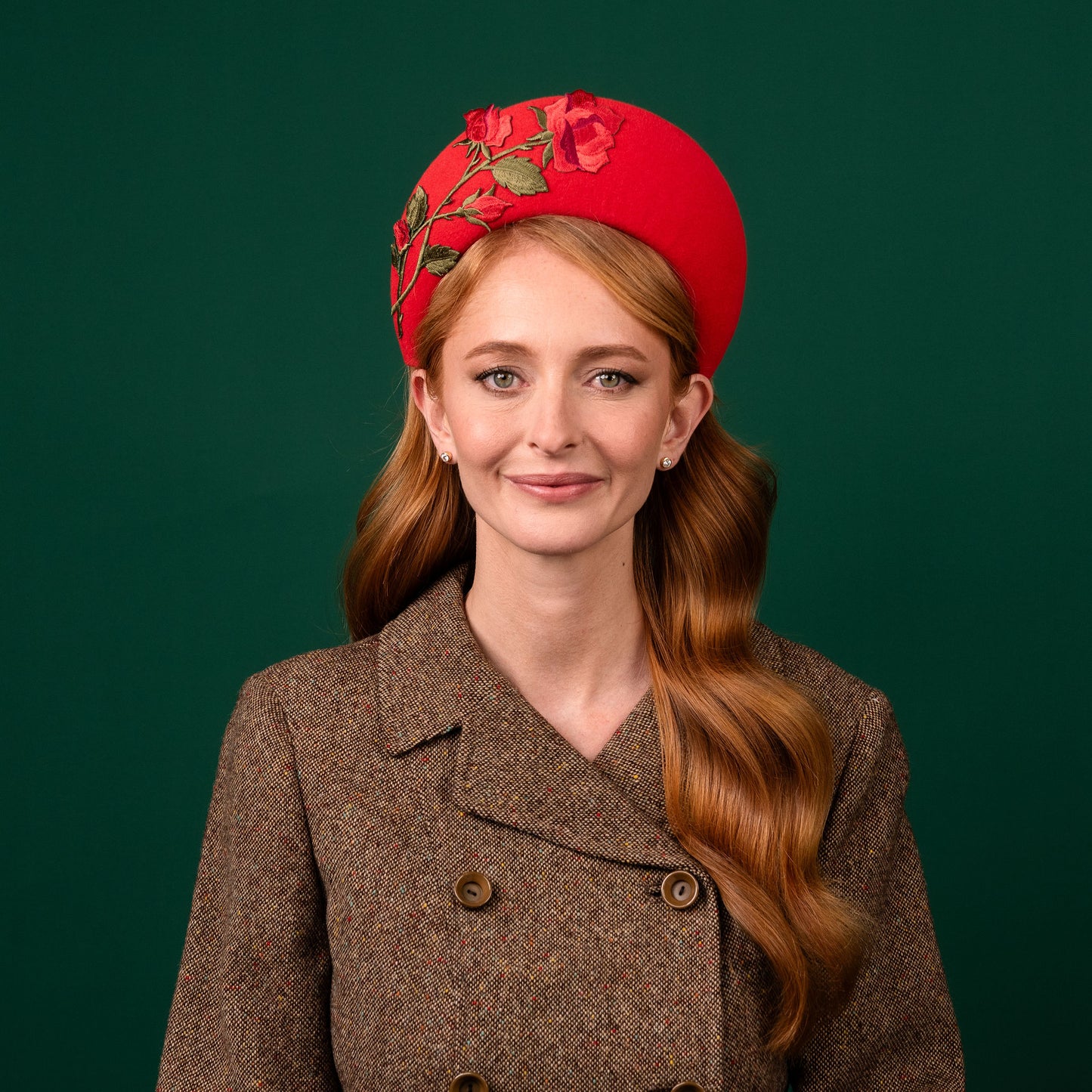 Hansonville Red Felt Halo with Embroidered Rose Flowers Winter Racewear Headpiece