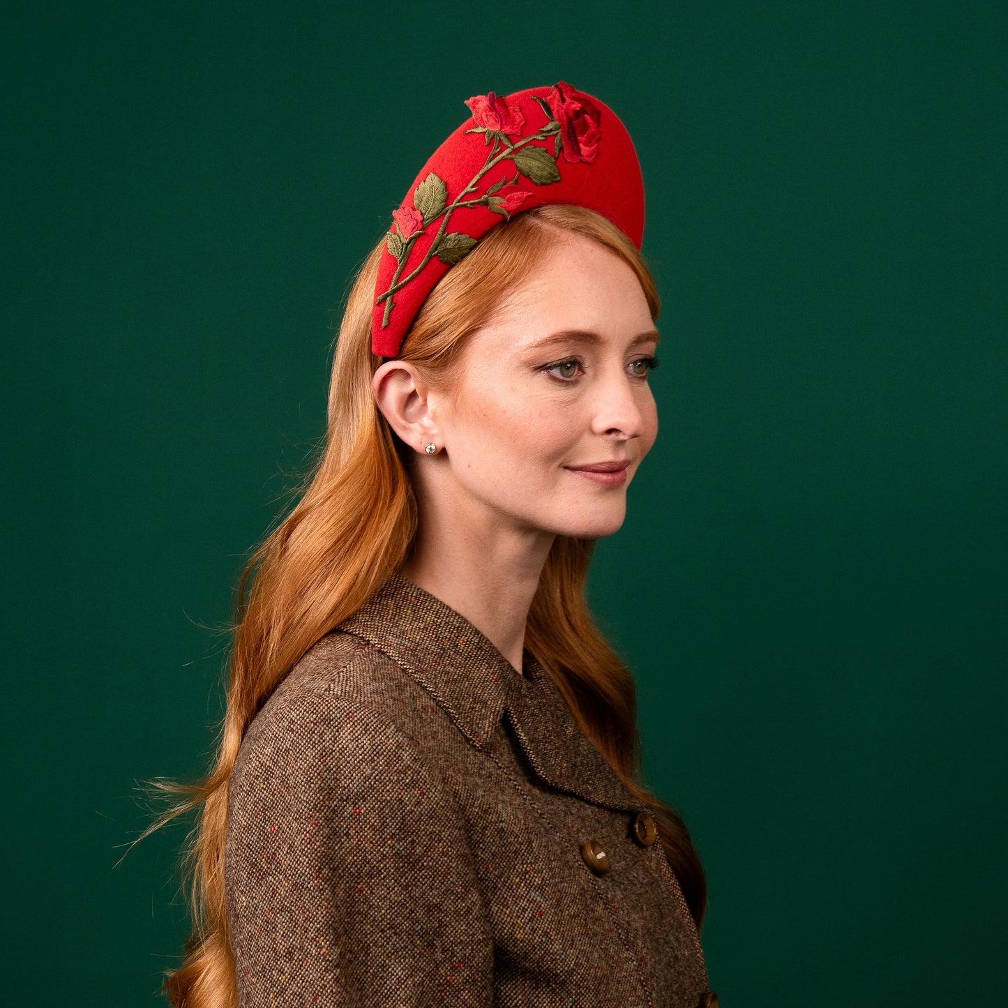 Hansonville Red Felt Halo with Embroidered Rose Flowers Winter Racewear Headpiece
