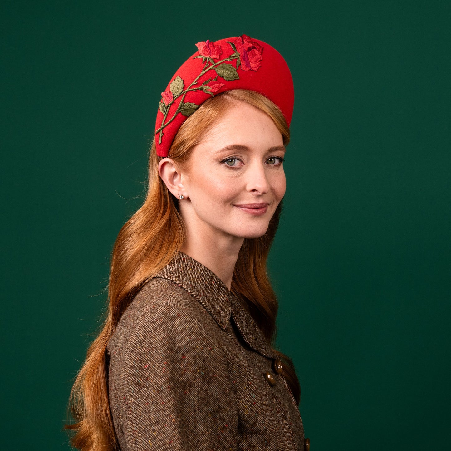 Hansonville Red Felt Halo with Embroidered Rose Flowers Winter Racewear Headpiece
