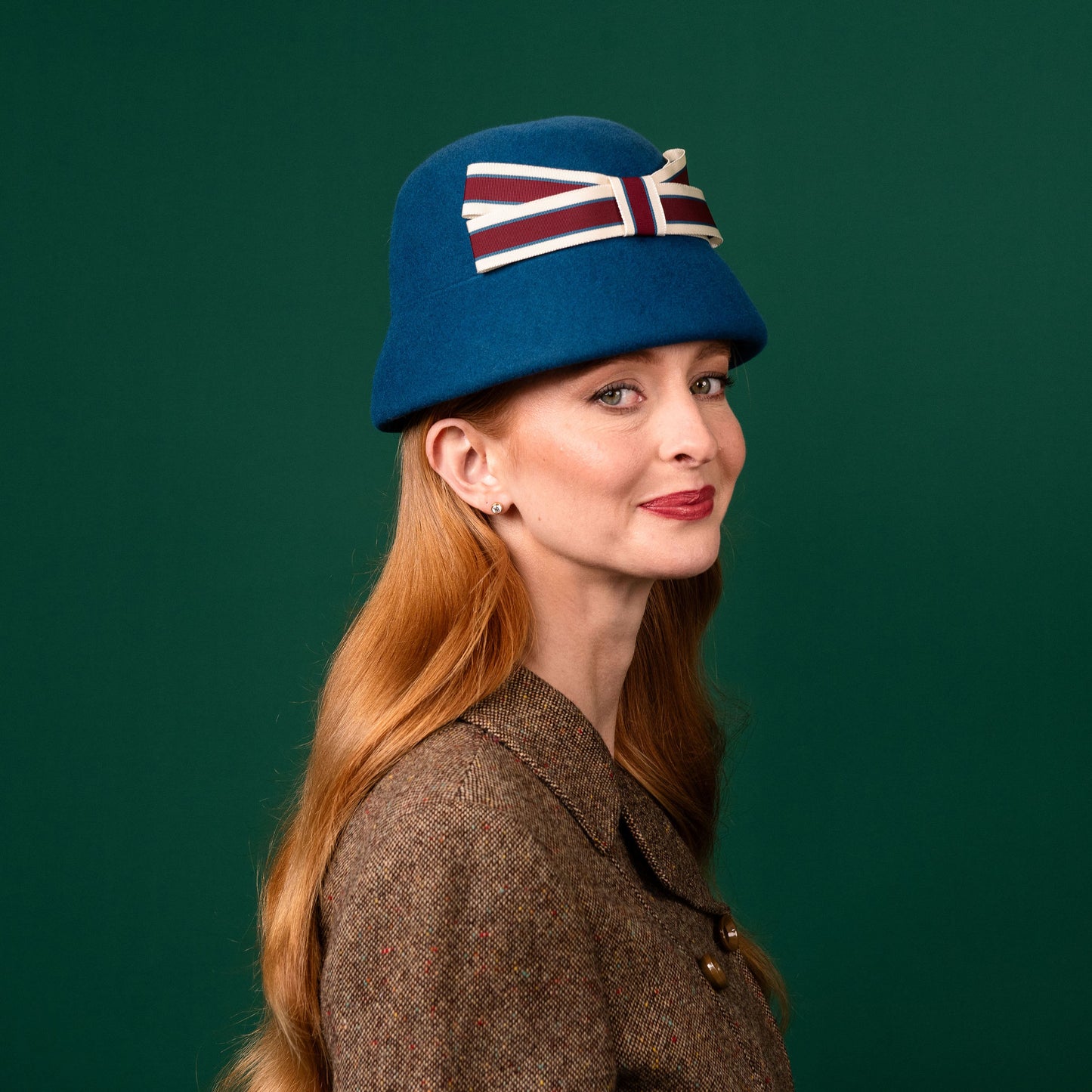 Henley Teal Felt 60's style Hat with Bow Trim Winter Racewear Hat