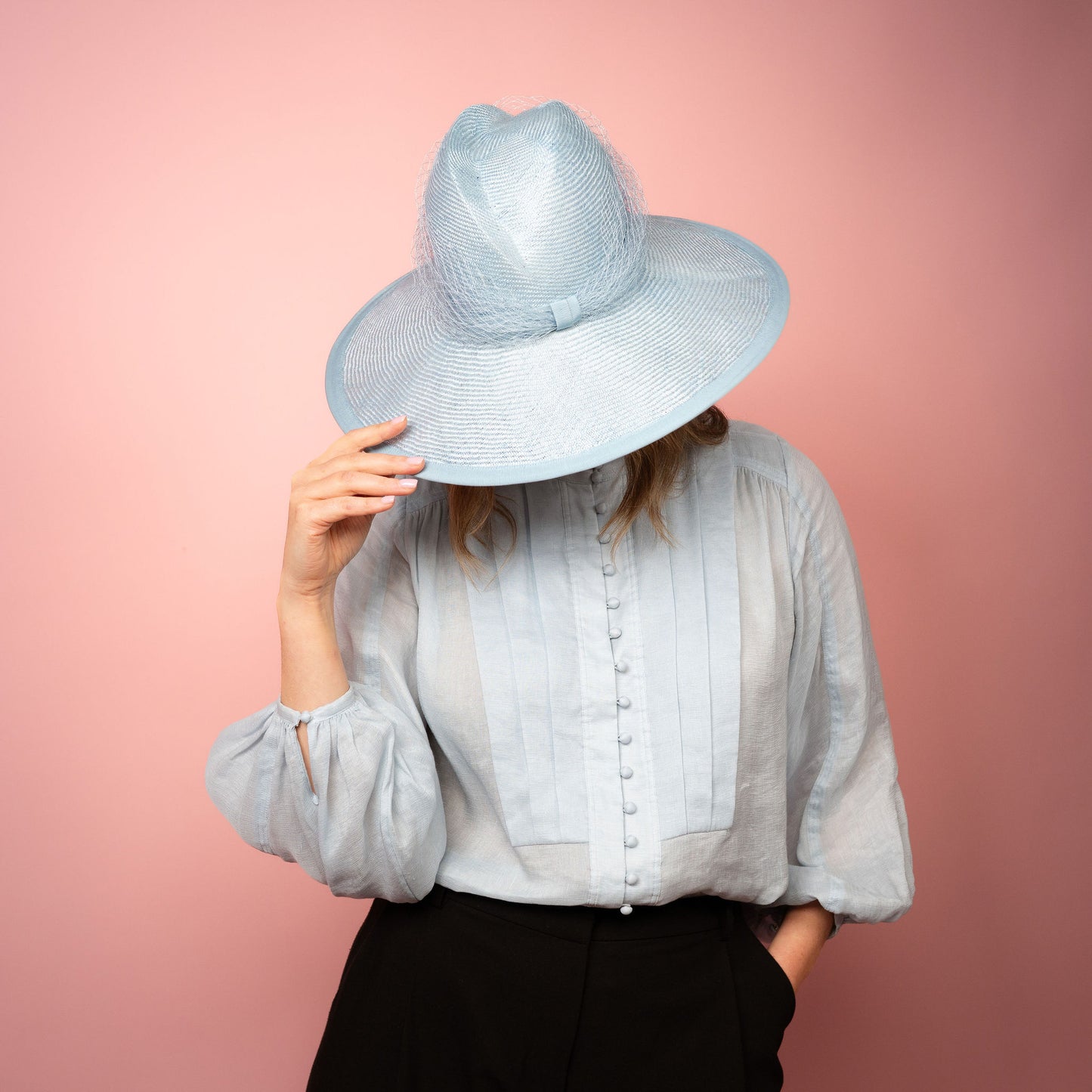 Isabella wide Brimmed hat with shaped crown in pale blue with veiling Spring Racewear Hat
