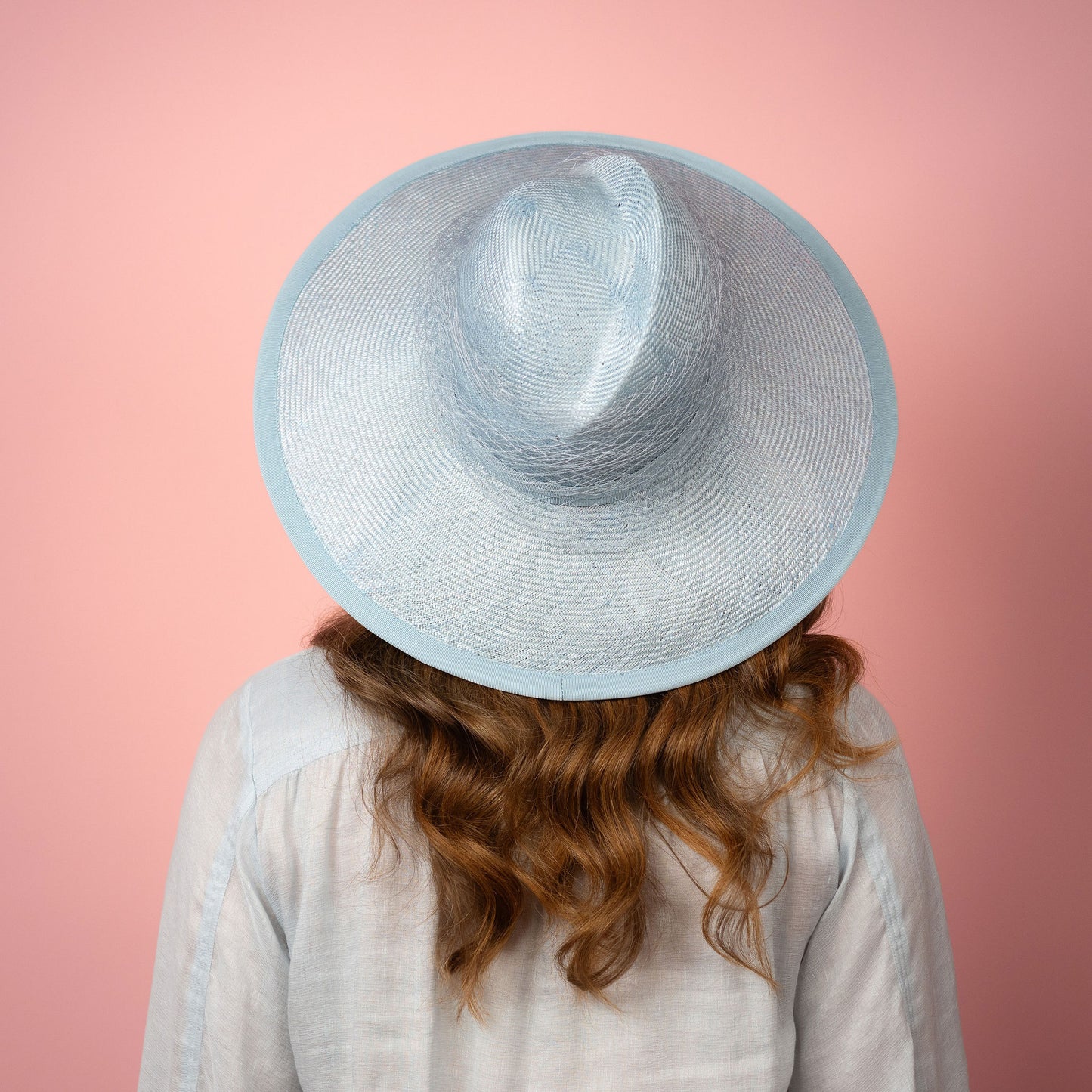 Isabella wide Brimmed hat with shaped crown in pale blue with veiling Spring Racewear Hat