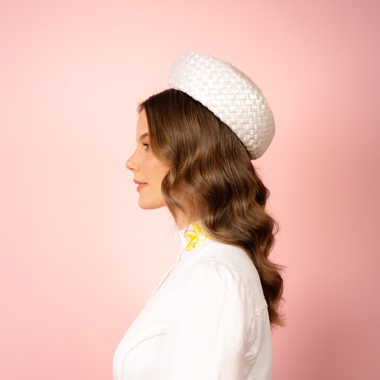 Joan Shaped Pillbox in white vintage straw Spring Racing Headpiece